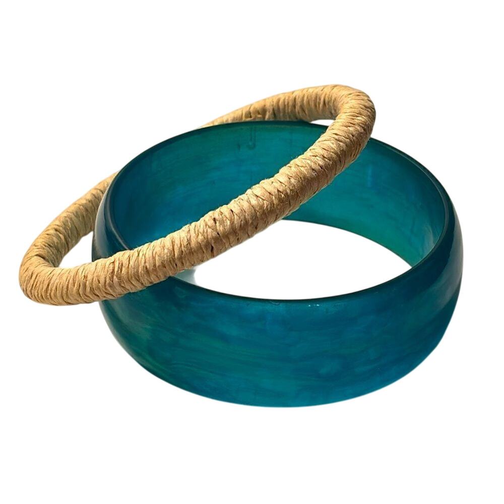 Bundle of Two Bangle Fashion Bracelets; Teal lucite / cream colored wound